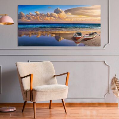 Quadro con paesaggio marino, su tela: Adriano Galasso, Barche sulla battigia
