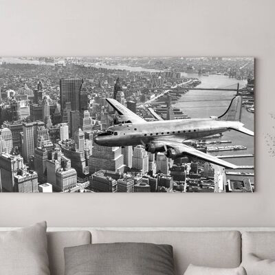 Image avec photographie vintage, impression sur toile : Avion survolant Manhattan, NYC