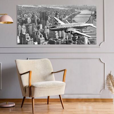 Bild mit Vintage-Fotografie, Druck auf Leinwand: Flugzeug fliegt über Manhattan, NYC