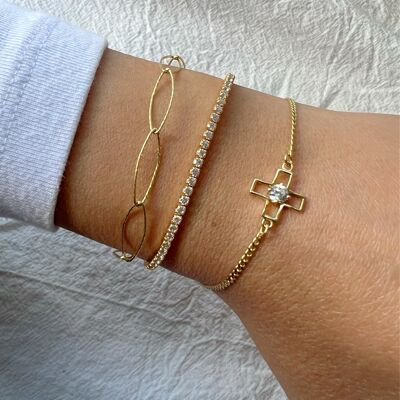 Gold Minimalist Chain Bracelets, Gold Wide Chain, Cross Bracelet, Zirconia Cube Tennis Bracelet, Made from Gold Plated Sterling SIlver 925.