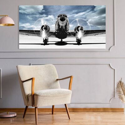 Bild mit künstlerischer Fotografie, Druck auf Leinwand: Gasoline Images, Flugzeug startet in Richtung eines blauen Himmels