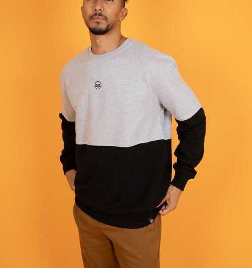 The Classics Crew Sweater - Embroidered Logo - Black x Grey Duotone Colour-Block - Small