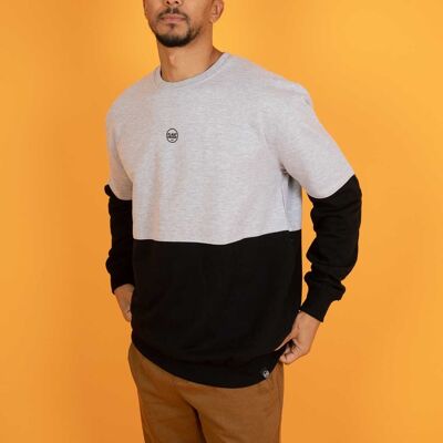 The Classics Crew Sweater - Embroidered Logo - Black x Grey Duotone Colour-Block - Small