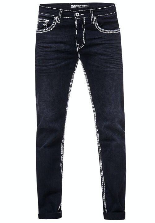 Schwarze Herren Jeanshose mit Kontrast-Nähten im Ausgefallenem Design "LEVIN" Stretch Regular 7444-7