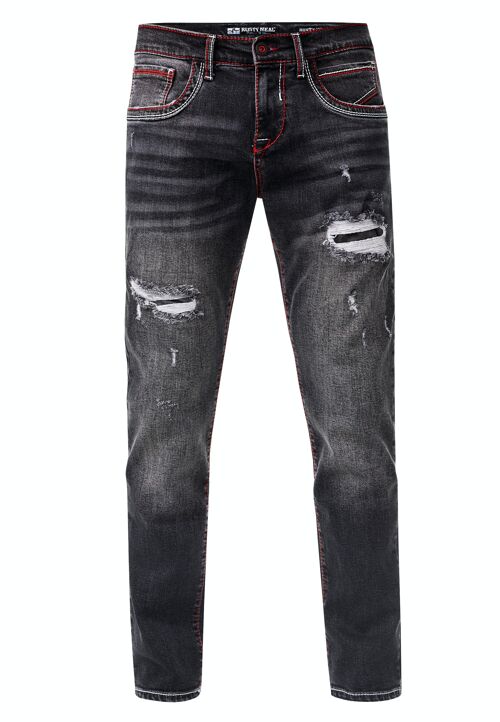 Jeanshose Herren Jeans "ODAR" Black Used Regular Fit Stretch "Kontrastnaht" Jeans-Hose Stone-Washed Destroyed Freizeit-Hose 12234-1