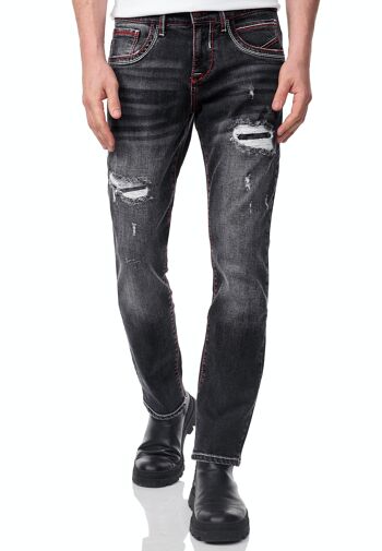 Jeans Jeans Homme "ODAR" Noir Usé Regular Fit Stretch "Contrast Seam" Jeans-Pantalon Stone-Washed Destroyed Leisure-Pantalon 12234-1 3