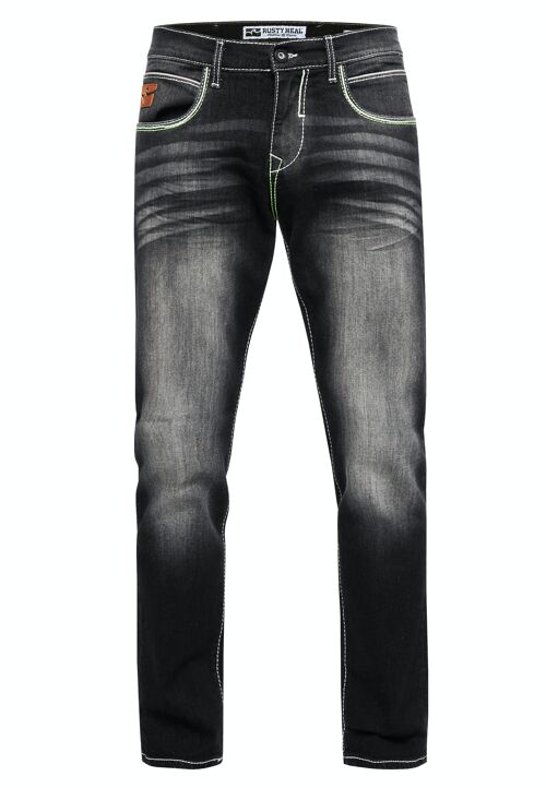 Kontrastnaht Herren Black Used Jeanshose "TOYAMA" Regular Fit Streetwear Herren-Jeans-Hose L32 Dicke-Naht-Hose Flex 12236-2