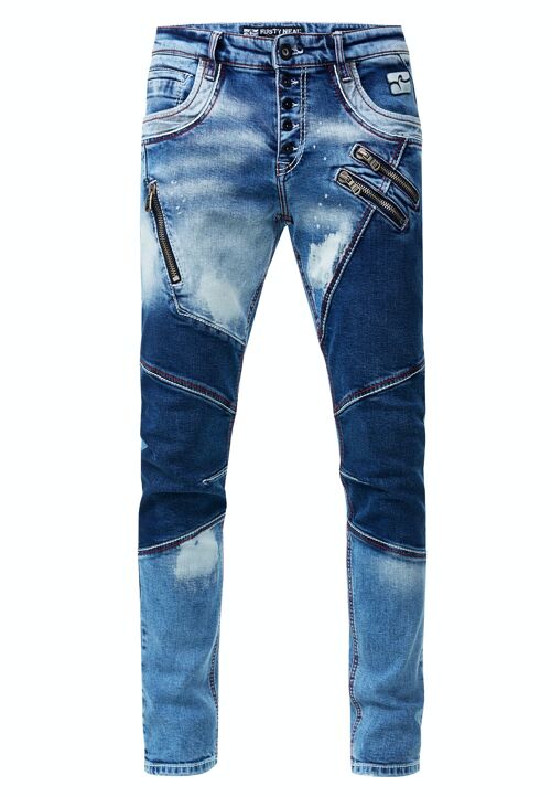 Jeanshose "URUMA" Blue Used Colorblock-Vintage-Used Streetwear Jeans Denim Reißverschluss Offene Knopfleiste Slim-Fit Ultra-Washed 12237-1