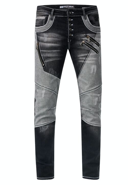 Jeanshose "URUMA" Black Used Colorblock-Vintage-Used Streetwear Jeans Denim Reißverschluss Offene Knopfleiste Slim-Fit Ultra-Washed 12237-2