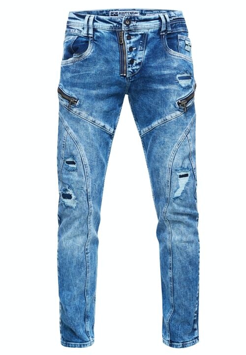 Jeanshose "MORI" von "RUSTY-NEAL" Blue Used Limited-Edition Stretch Slim Fit Streetwear Jeans Reißverschluss-Design mit Offener Knopfleiste 12239-2