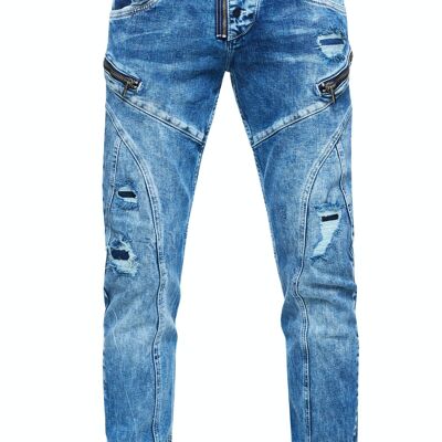 Jeanshose "MORI" von "RUSTY-NEAL" Blue Used Limited-Edition Stretch Slim Fit Streetwear Jeans Reißverschluss-Design mit Offener Knopfleiste 12239-2