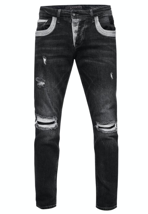 Jeanshose Herren Jeans Straight Fit Black Used Stretch Streetwear "YOKOTE" Jeans-Hose Stone-Washed Strech Denim Kontrast Destroyed 12240-1