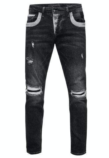 Jeans Homme Jeans Coupe Droite Noir Usé Stretch Streetwear "YOKOTE" Jeans-Pantalon Stone-Washed Strech Denim Contrast Destroyed 12240-1 1