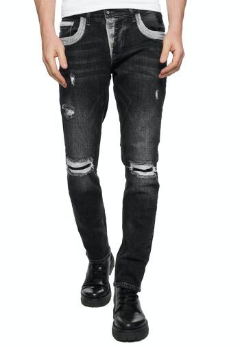 Jeans Homme Jeans Coupe Droite Noir Usé Stretch Streetwear "YOKOTE" Jeans-Pantalon Stone-Washed Strech Denim Contrast Destroyed 12240-1 3