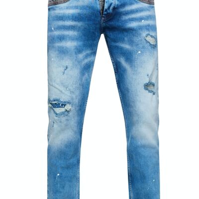 Jeanshose Herren Jeans Straight Fit Light Blue Used Stretch Streetwear "YOKOTE" Jeans-Hose Stone-Washed Strech Denim Kontrast Destroyed 12240-2