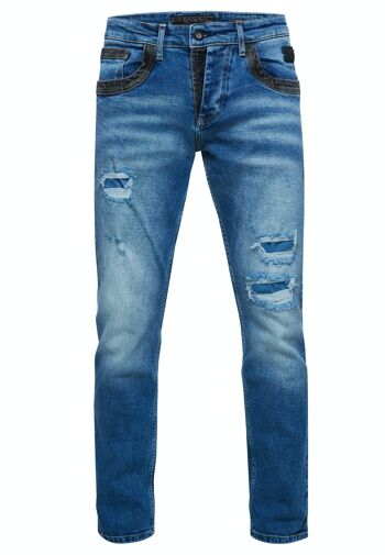 Jeans Homme Jeans Coupe Droite Bleu Usé Stretch Streetwear "YOKOTE" Jeans-Pantalon Stone-Washed Strech Denim Contrast Destroyed 12240-3 1