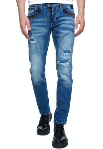 Jeans Homme Jeans Coupe Droite Bleu Usé Stretch Streetwear "YOKOTE" Jeans-Pantalon Stone-Washed Strech Denim Contrast Destroyed 12240-3 3