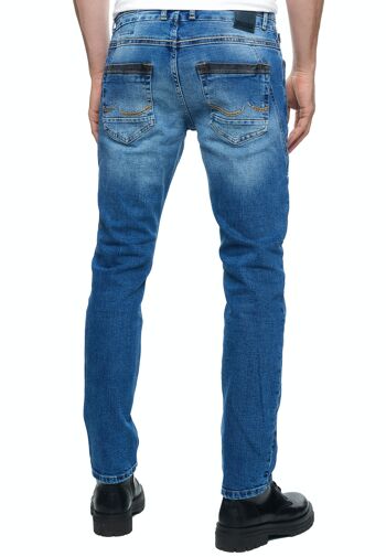Jeans Homme Jeans Coupe Droite Bleu Usé Stretch Streetwear "YOKOTE" Jeans-Pantalon Stone-Washed Strech Denim Contrast Destroyed 12240-3 4