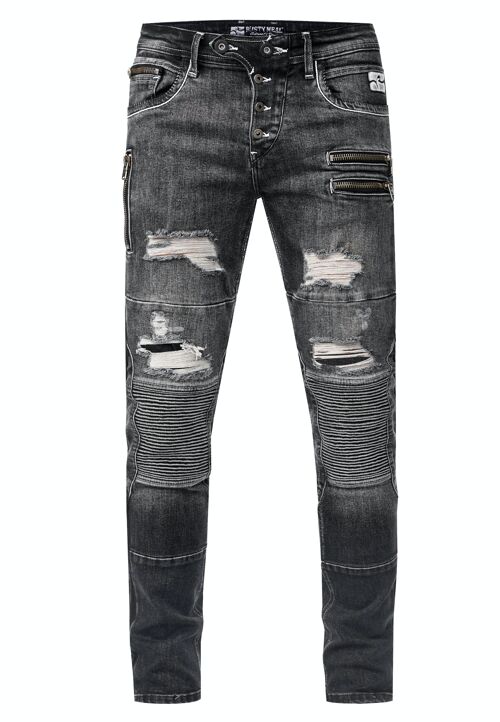 Herren Biker-Jeans "MISATO" Dark Grey Used Slim Fit Stretch Destroyed Biker Zip-Design mit Stylischer Knopfleiste und Kontrast-Naht 12241-1