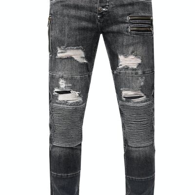 Herren Biker-Jeans "MISATO" Dark Grey Used Slim Fit Stretch Destroyed Biker Zip-Design mit Stylischer Knopfleiste und Kontrast-Naht 12241-1