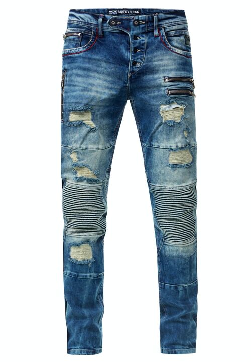 Herren Biker-Jeans "MISATO" Vintage Blue Used Slim Fit Stretch Destroyed Biker Zip-Design mit Stylischer Knopfleiste und Kontrast-Naht 12241-2