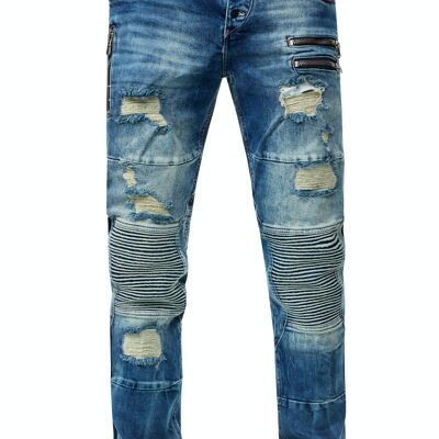 Herren Biker-Jeans "MISATO" Vintage Blue Used Slim Fit Stretch Destroyed Biker Zip-Design mit Stylischer Knopfleiste und Kontrast-Naht 12241-2