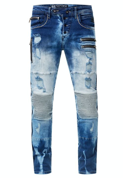Herren Biker-Jeans "MISATO" Ozean Blue Used Slim Fit Stretch Destroyed Biker Zip-Design mit Stylischer Knopfleiste und Kontrast-Naht 12241-4