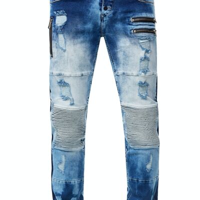 Herren Biker-Jeans "MISATO" Ozean Blue Used Slim Fit Stretch Destroyed Biker Zip-Design mit Stylischer Knopfleiste und Kontrast-Naht 12241-4