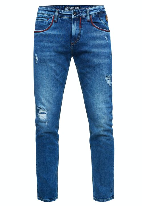 Destroyed Herren Jeans Hose Royal Blue Used "MINO" Slim Fit Stretched Jeans mit Ziernaht Streetwear Kontrast-Naht Destroyed-Pants 12242-1