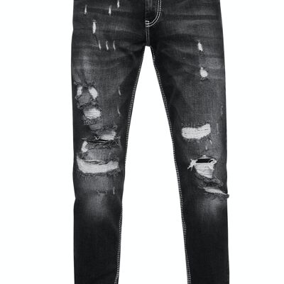 Destroyed Herren Jeans Hose Black Used "MINO" Slim Fit Stretched Jeans mit Ziernaht Streetwear Kontrast-Naht Destroyed-Pants 12242-2