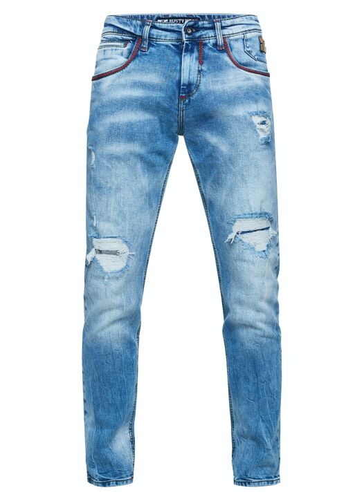 Destroyed Herren Jeans Hose Light Blue Used "MINO" Slim Fit Stretched Jeans mit Ziernaht Streetwear Kontrast-Naht Destroyed-Pants 12242-3