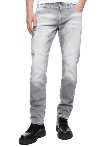Jeans Homme Jeans "NISHO" Coupe Droite Gris Usé Stretch Streetwear Biker Jeans-Pantalon Destroyed Washed Biker-Pants 12243-1 3
