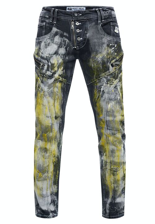 Jeanshose "MORI" von "RUSTY-NEAL" Black Used Limited-Edition Stretch Slim Fit Streetwear Reißverschluss-Design mit Offener Knopfleiste 12239-1