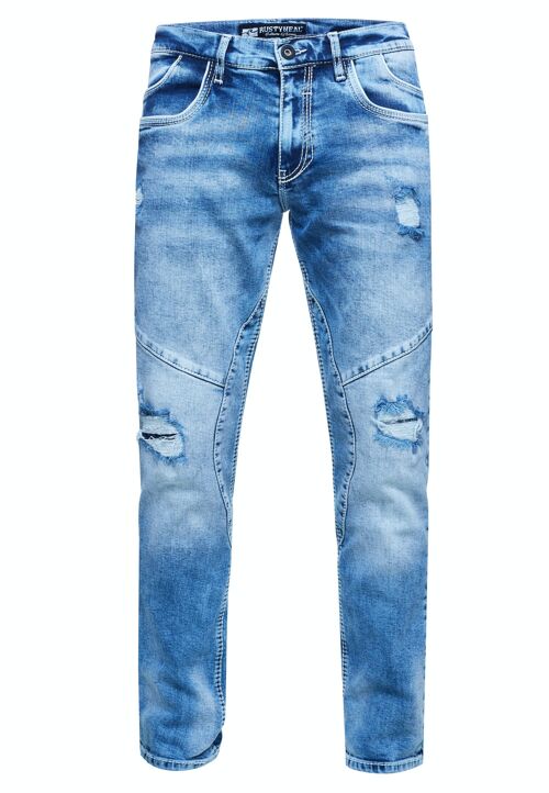 Jeanshose Herren Jeans "NISHO" Straight-Fit Blue Used Stretch Streetwear Biker Jeans-Hose Destroyed Washed Biker-Pants 12243-3