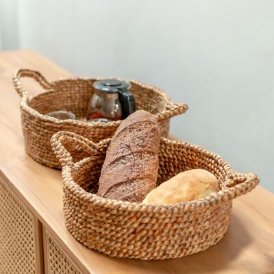 canasta de pan | copa redonda | Frutero trenzado | Cesta de almacenamiento pequeña cesta decorativa | Bandeja marrón de jacinto de agua JAWAH (2 tamaños)
