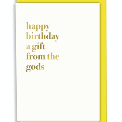 Biglietto d'auguri di buon compleanno, un regalo dagli dei, design tipografico bianco