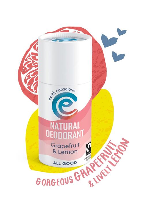 Natural Deodorant Stick - Grapefruit & Lemon 60g Fairtrade, Plastic-free, Cruelty Free, Vegan