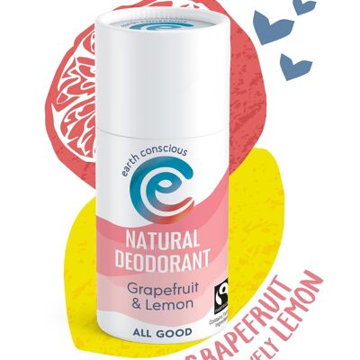 Natural Deodorant Stick - Grapefruit & Lemon 60g Fairtrade, Plastic-free, Cruelty Free, Vegan