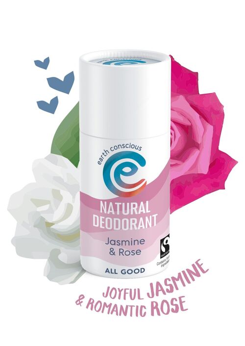 Natural Deodorant Stick - Jasmine & Rose 60g Plastic-Free, Cruelty-Free, Vegan, Fairtrade