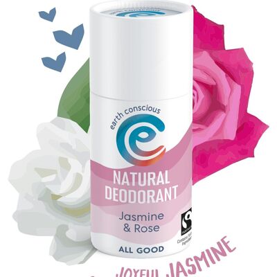 Bâton déodorant naturel - Jasmin et rose 60g Sans plastique, Sans cruauté envers les animaux, Végétalien, Commerce équitable