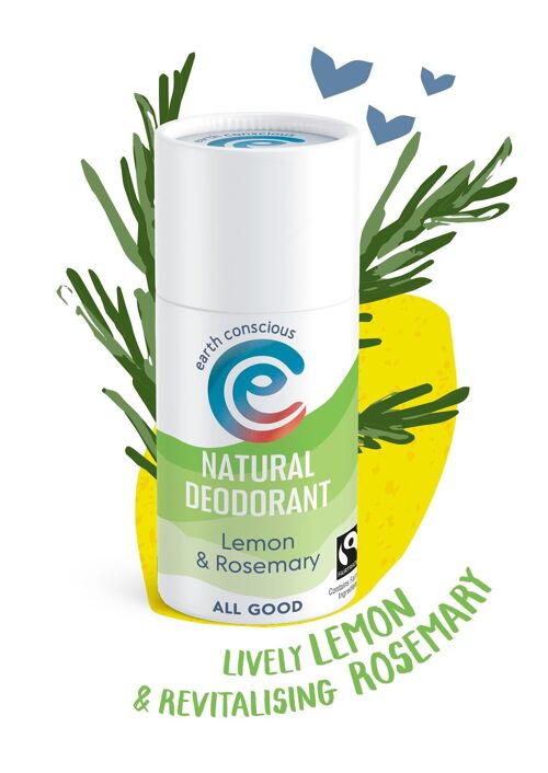 Natural Deodorant Stick - Lemon & Rosemary 60g Fairtrade, Plastic-Free, Cruelty-Free, Vegan