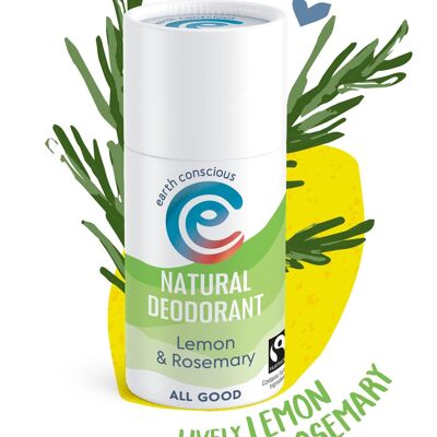 Natural Deodorant Stick - Lemon & Rosemary 60g Fairtrade, Plastic-Free, Cruelty-Free, Vegan