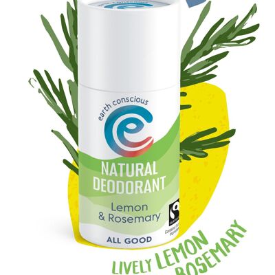 Natural Deodorant Stick - Lemon & Rosemary 60g Fairtrade, Plastic-Free, Cruelty-Free, Vegan