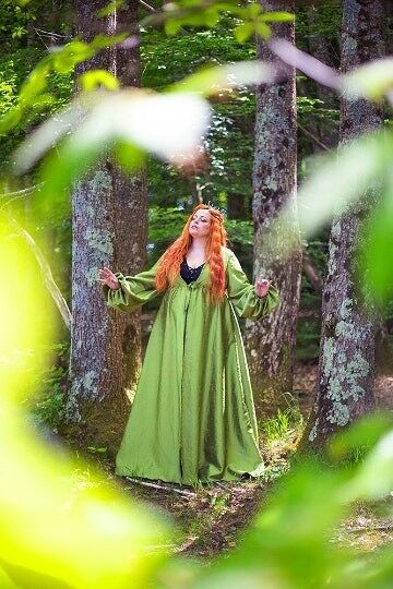Green Overdress Renaissance costume surcoat medieval dress elven coat burnout velvet in green with hood