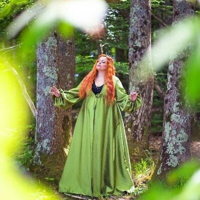 Grünes Überkleid Renaissance Kostüm Wappenrock Mittelalterkleid Elfenmantel Burnout Samt in grün mit Kapuze