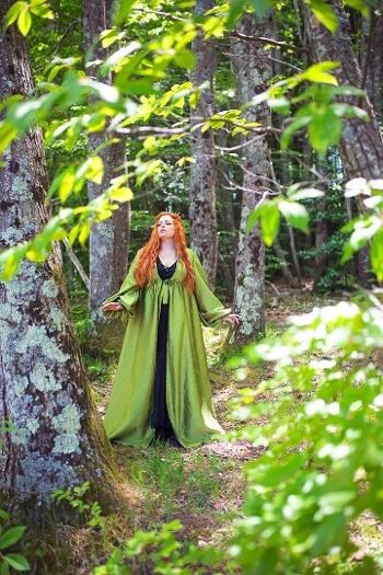 Survêtement vert Renaissance costume surcot robe médiévale manteau elfique burnout velours en vert avec capuche 2