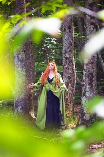 Survêtement vert Renaissance costume surcot robe médiévale manteau elfique burnout velours en vert avec capuche 7