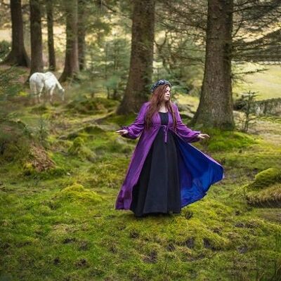Sopravveste rosa fucsia Costume rinascimentale soprabito abito medievale cappotto elfico velluto burnout in verde con cappuccio