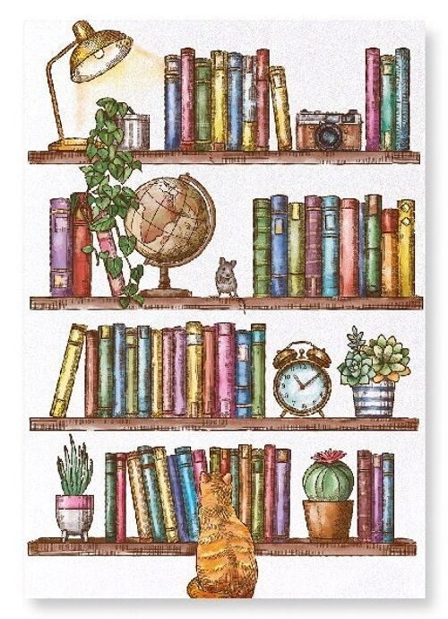 BOOKSHELF WITH CAT AND MOUSE Art Print