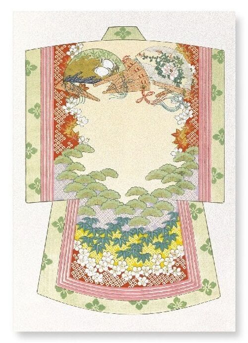 KIMONO OF LUCKY SYMBOLS AND WOODEN FANS 1899  2xPrints